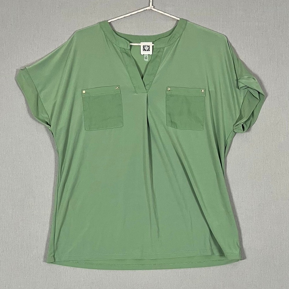 Anne Klein Blouse Womens M Green Split Neck Short Sleeve EUC